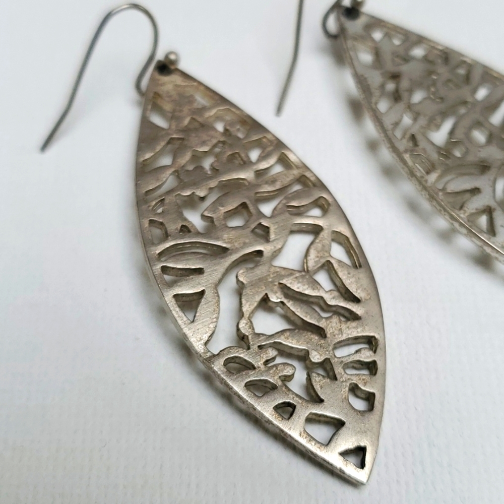 Boho Silver Leaf Laser Cut Design Dangle Earrings. - image 4